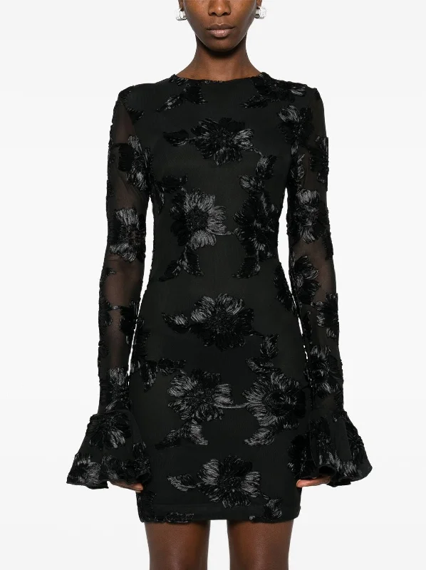 Fashion Deal Black Floral-Embroidered Flared-Cuff Mini Dress