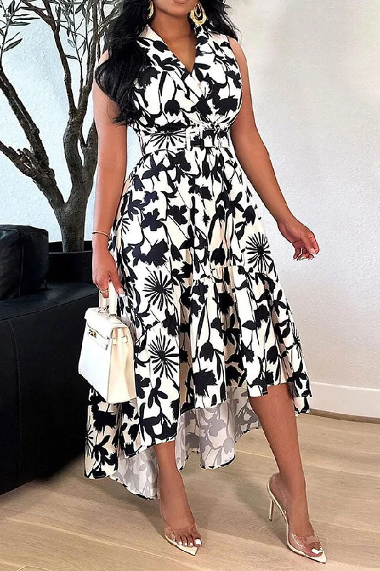 Comfortable Chic Floral Print Feminine Belted High Low Midi Dress