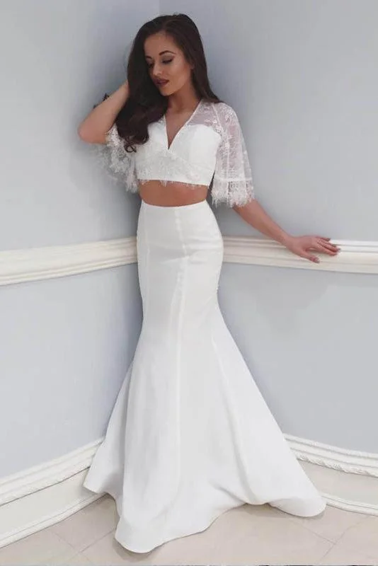 Best Sellers Two Piece Mermaid V-Neck Beach Lace Wedding Dresses