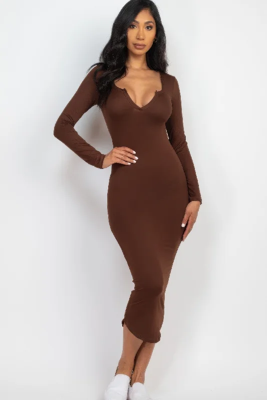 Vintage Fashion FASHNZFAB Women's Split Neck Long Sleeve Midi Dress