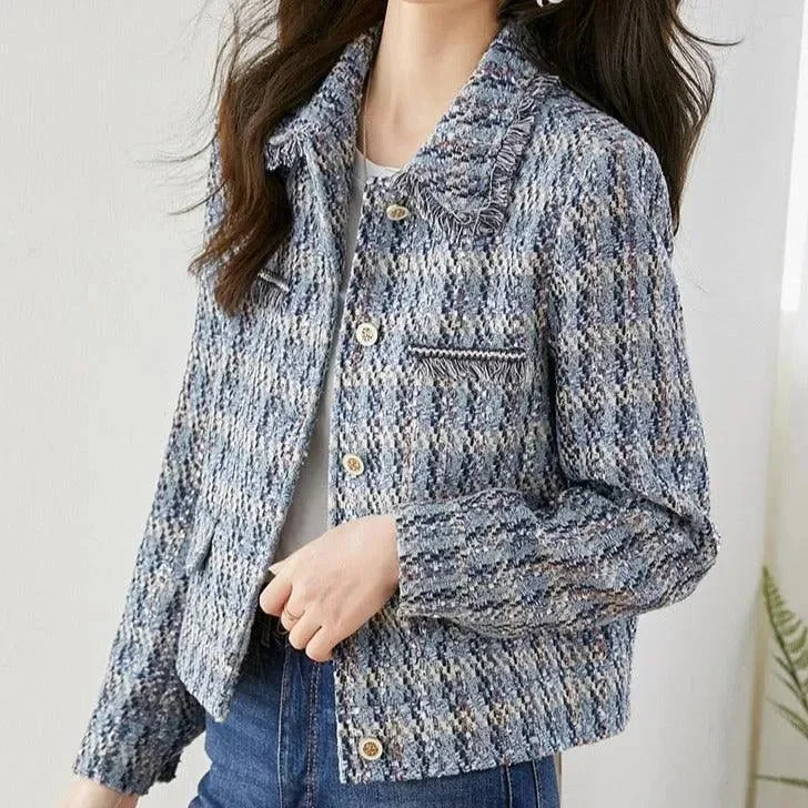 Premium Style Blue Short Tweed Jacket Women