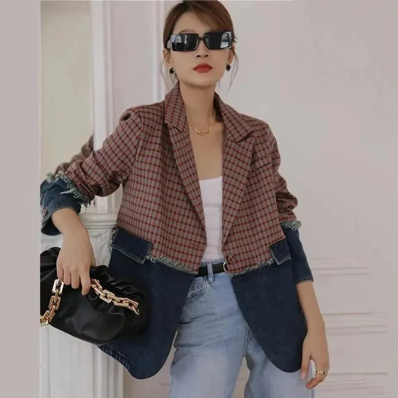 Casual Chic Plaid Denim Oversized Blazer Women - Casual - Patchwork