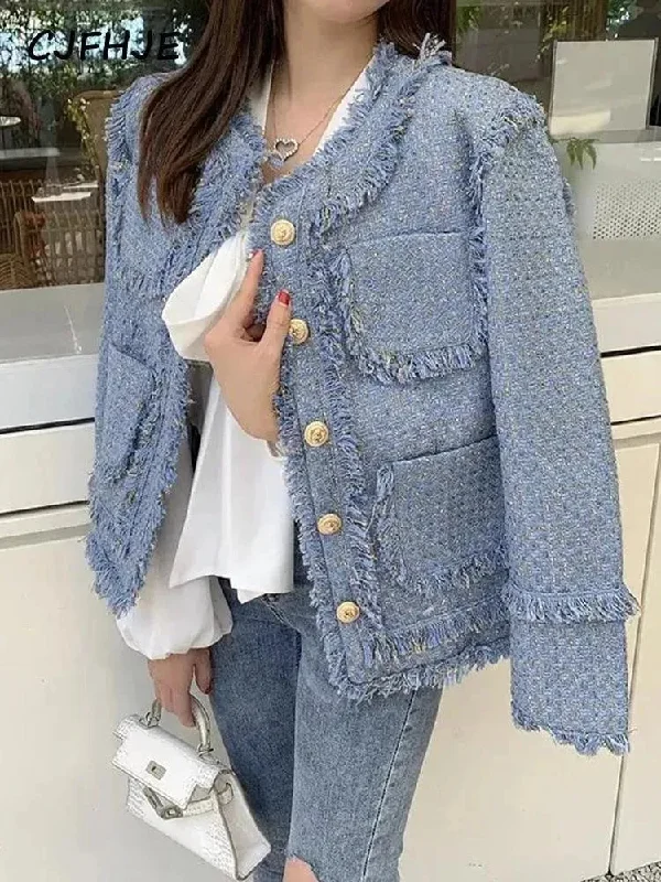 Clearance Sale Elegant Blue Tassel Tweed Jacket Women