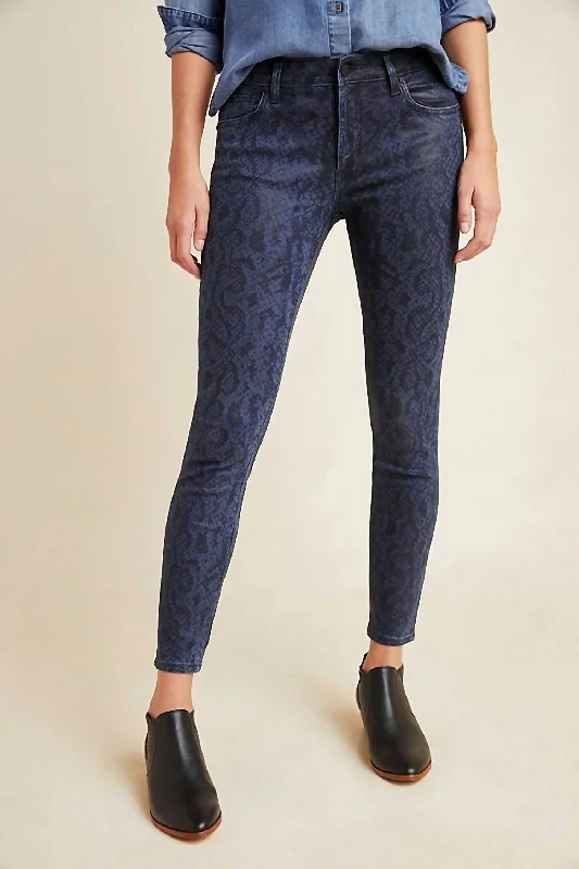 Stylish Basics Charlie High Rise Coated Snake Print Skinny Jeans In Navy Blue