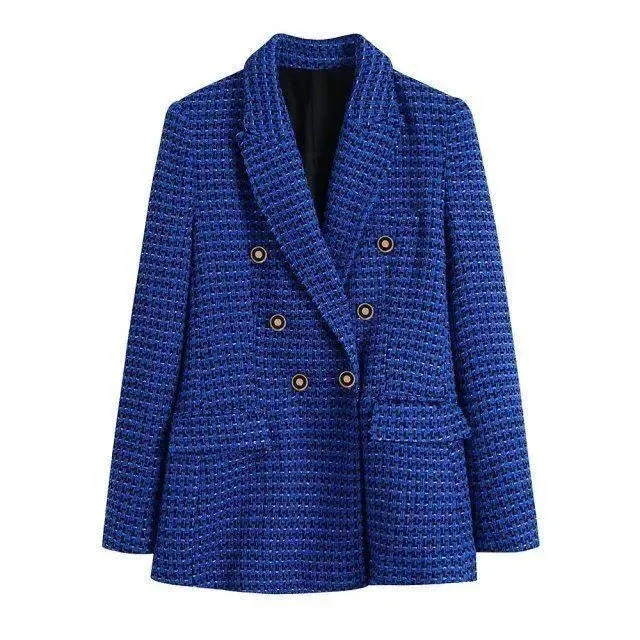 Best Online Clothing Boutiques Dark Blue Tweed Blazer Women - Casual - Plaid