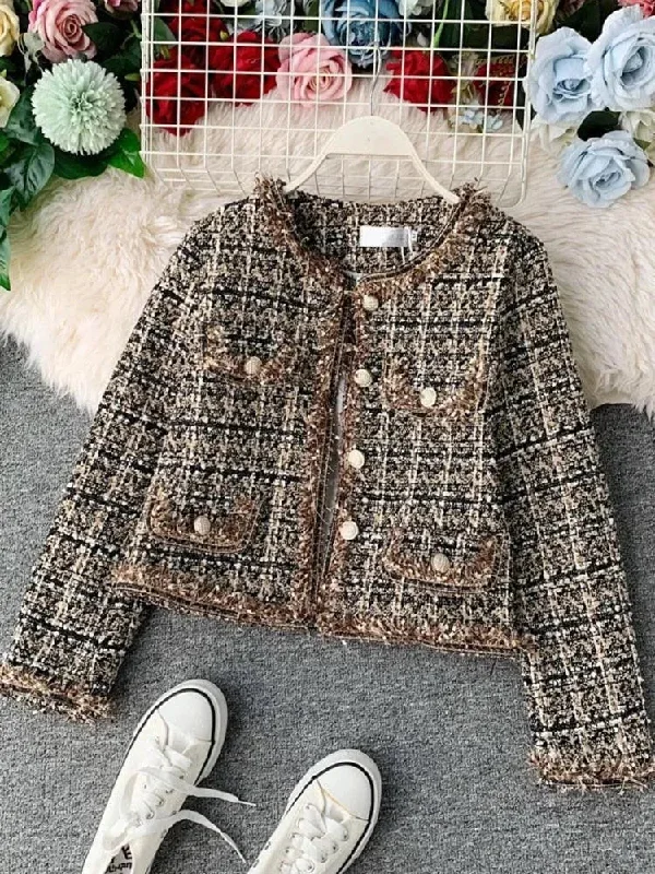 Trendy Fashion For Women Patchwork Vintage Cropped Tweed Jacket Women