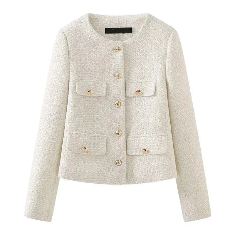 Vibrant Femme Fashion Flap Pockets Design Tweed Jackets