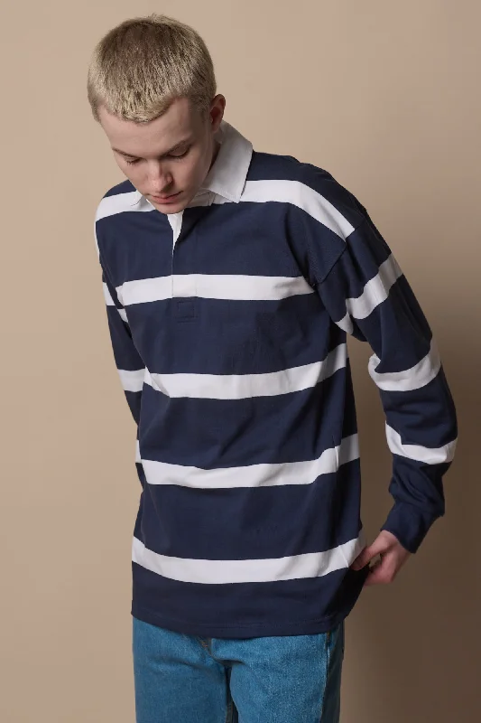 Budget-Friendly Fashion Fine Striped Rugby Shirt - Navy/White