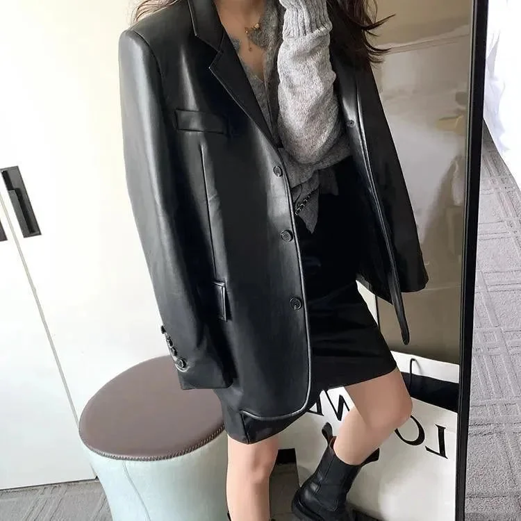 Affordable Women’s Clothing Sale Online Runway Oversized Leather Blazer Women - Casual - Plain-Solid