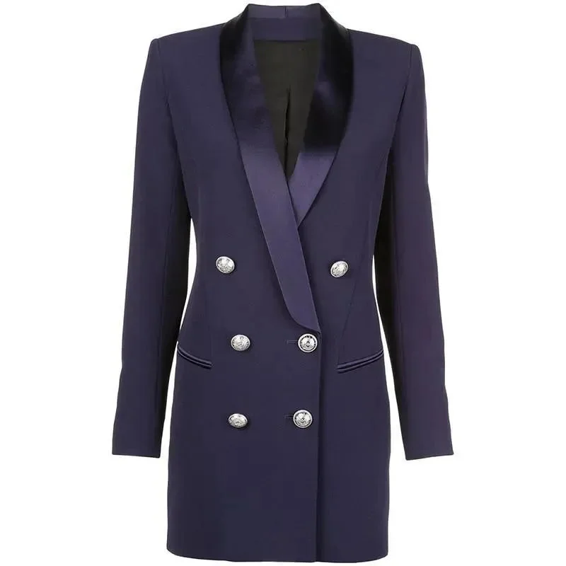 Women Clothes Navy Blue Tuxedo Blazer Women - Casual - Plain-Solid