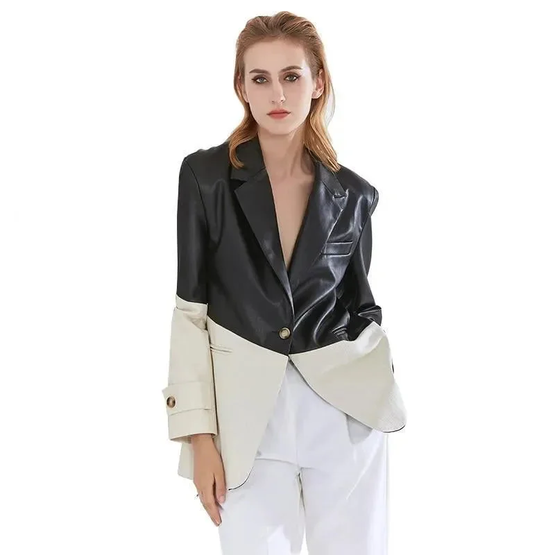 Trendy Women’s Outfits for Casual Wear Patchwork PU Leather Blazer Women - Casual - Patchwork