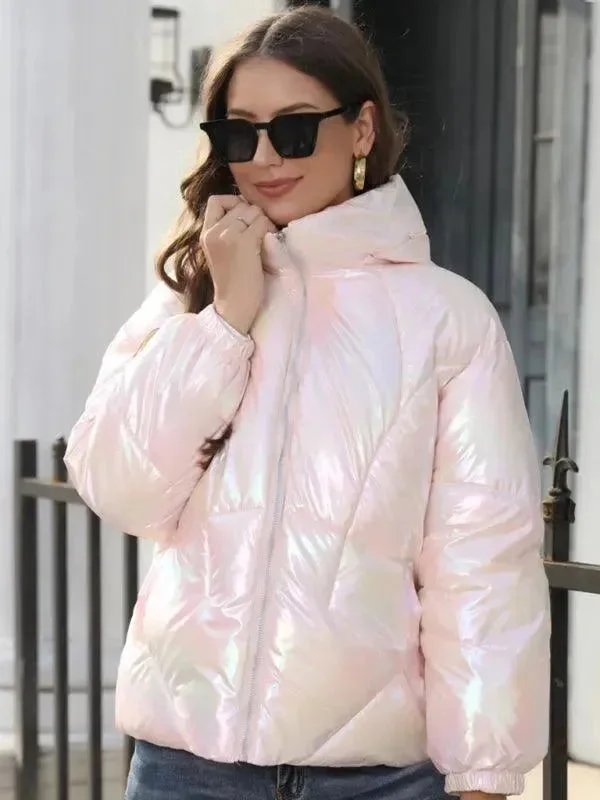 Sophisticated Style Shiny Hooded Women Parka Jacket