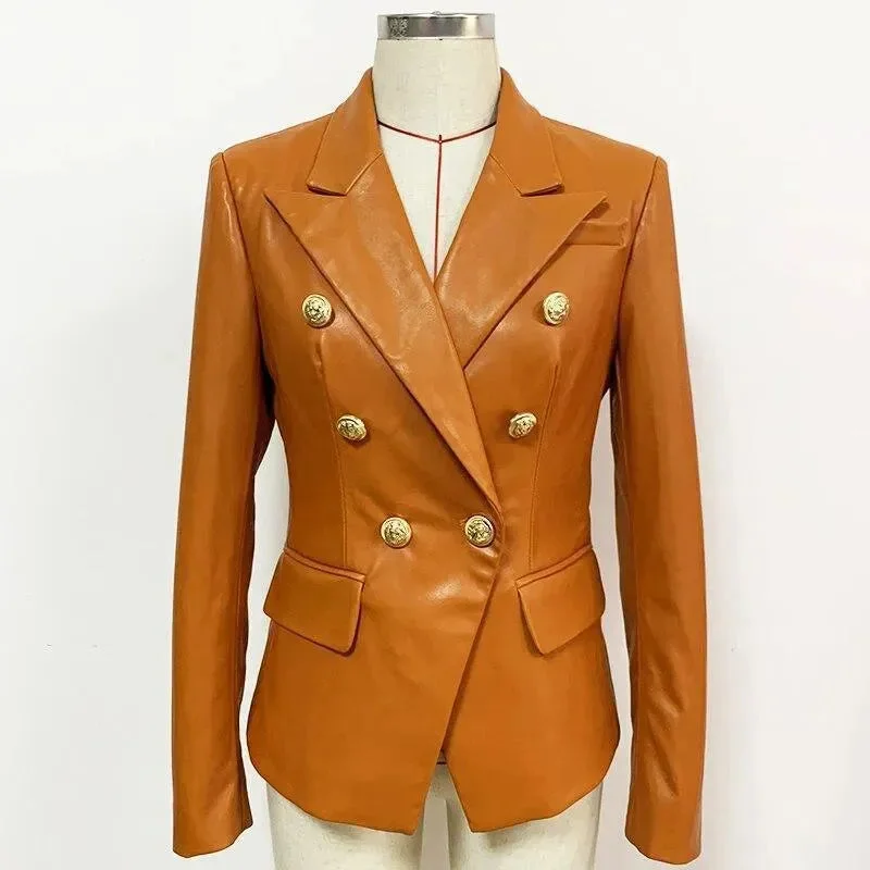 Plus Size Women’s Fashion and Clothing Orange Leather Blazer Women - Formal-Business - Plain-Solid