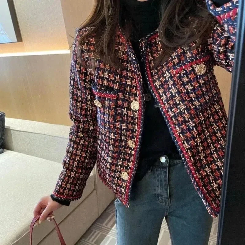 Stylish Women's Apparel Weave Plaid Tweed Jacket Women