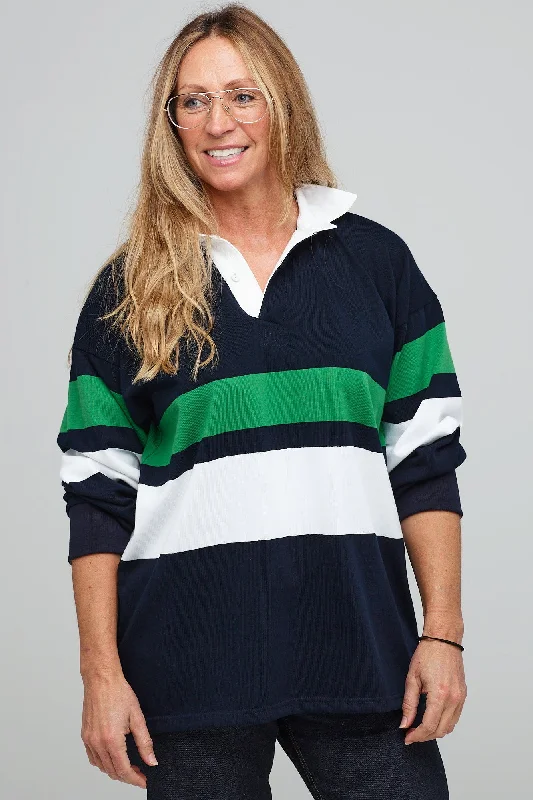 Elegant Women’s Clothing Chest Stripe Rugby Shirt - Navy/Ecru/Bottle Green