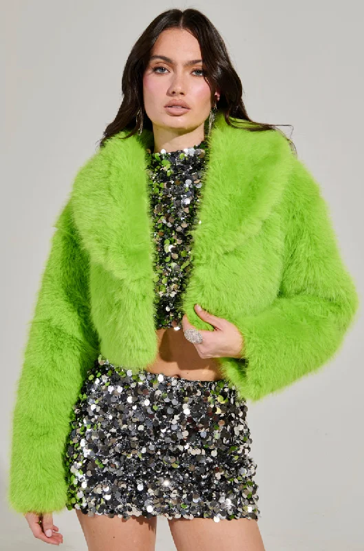 Street Style Fashion LIGHTS OUT CROPPED FAUX FUR JACKET IN LIME