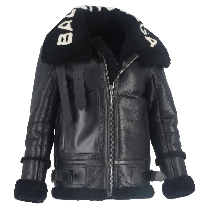 Trendy Street Style Balenciaga Le Bombardier Oversized Shearling Jacket in Black Lamb Leather