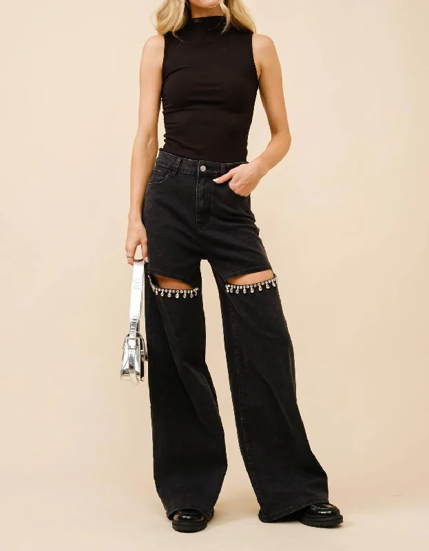 Clothing Store Crystal Wide Leg Jean In Black