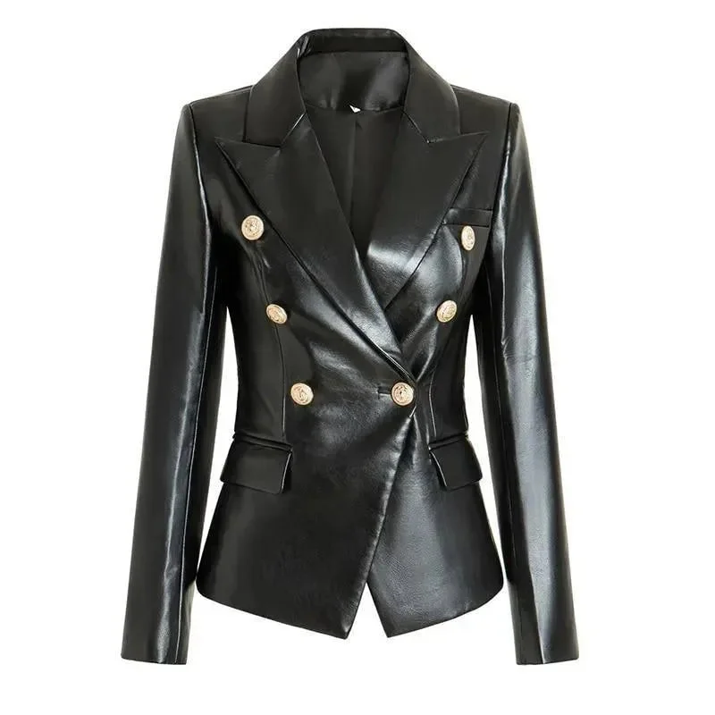 Outfits For Girls Black Leather Blazer Women - Formal-Business - Plain-Solid