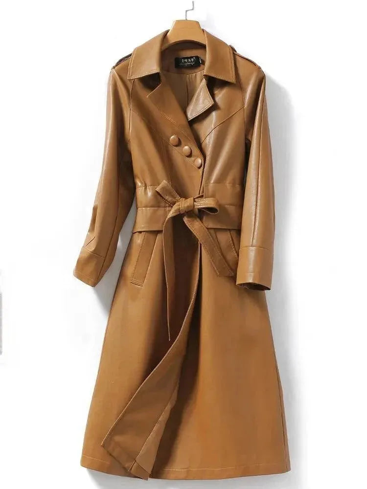 Fashion Essentials Women's Long Belted Leather Overcoat