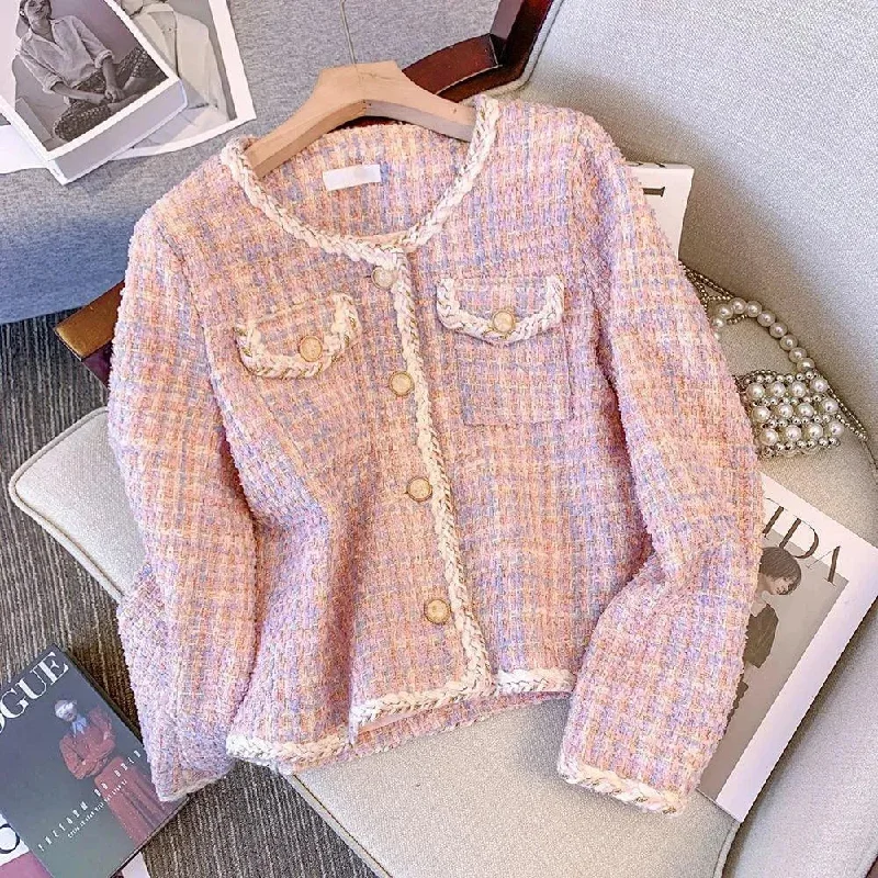 Elegant Fashion Pink Plaid Tweed Jacket