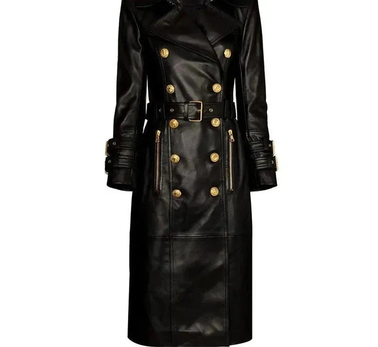 Minimalist Style Double-Breasted Leather Women's Trench Overcoat