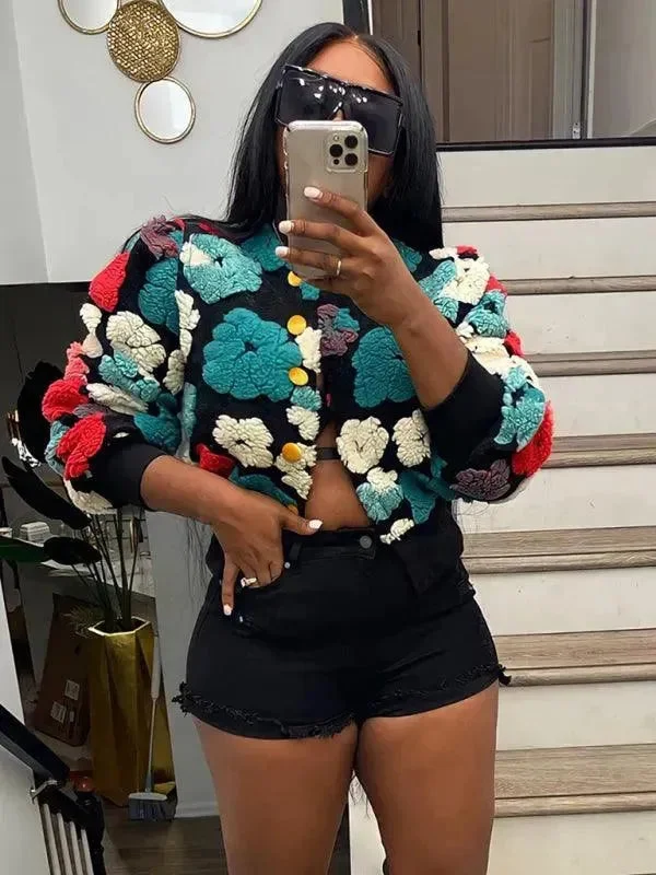 Casual Fashion Women Embroidered Flower Short Jacket