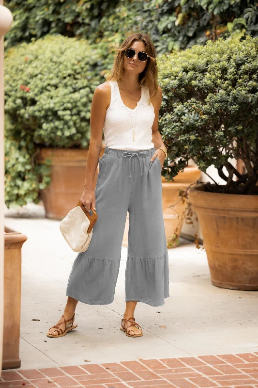 Comfortable Clothes Cropped Tiered Ruffle Hem Wide Leg Pants