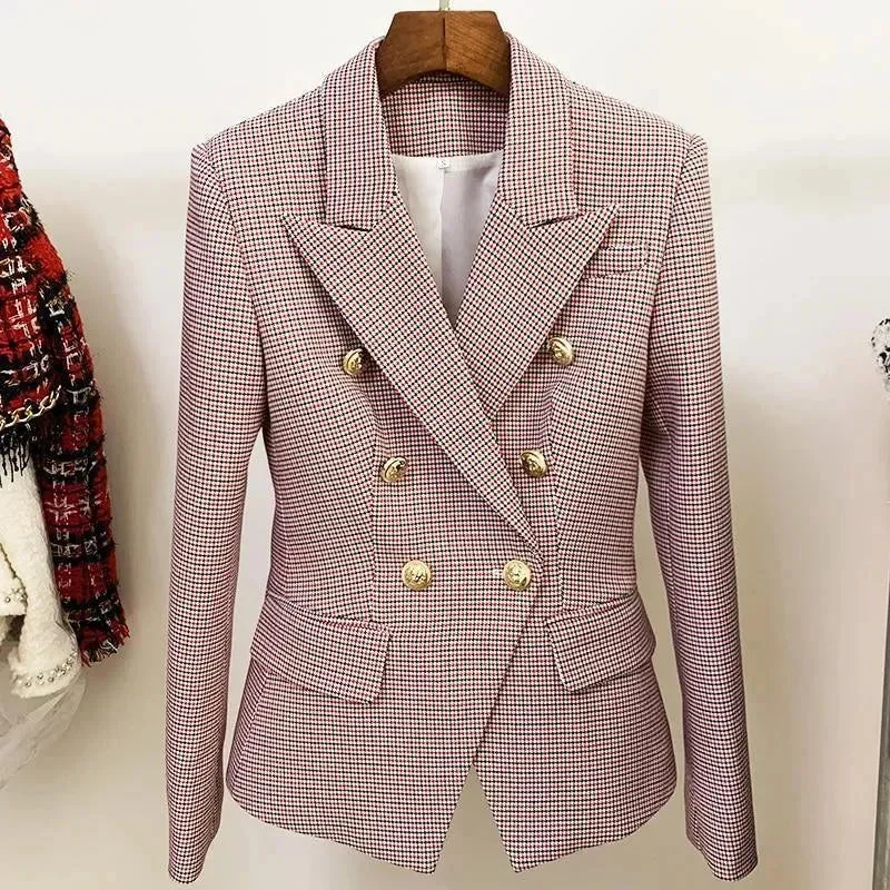 Women's Clothes Online Shopping Pink Houndstooth Blazer Women - Formal-Business - Plaid