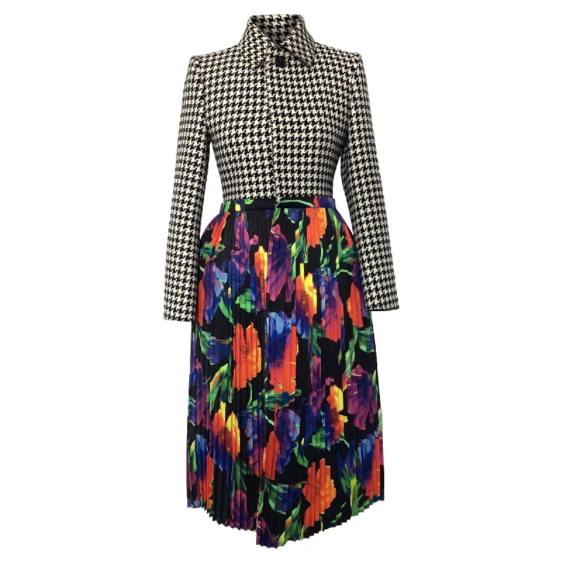 Women Clothing Balenciaga Houndstooth with Floral Pleated Skirt in Multicolor Wool