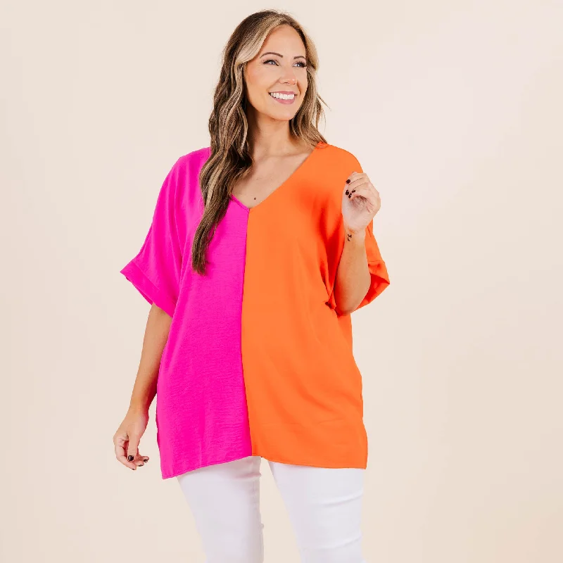 Fashion Sale Double Dose of Color Top, Hot Pink/Tomato