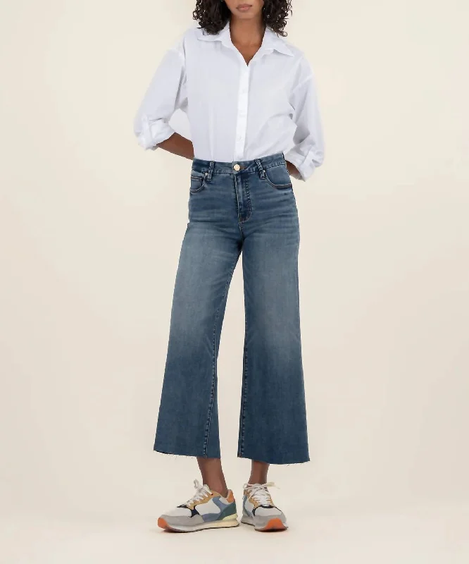 Quality Driven Apparel Meg High Rise Wide Leg Jeans In Peacefully With Dk Base Wash