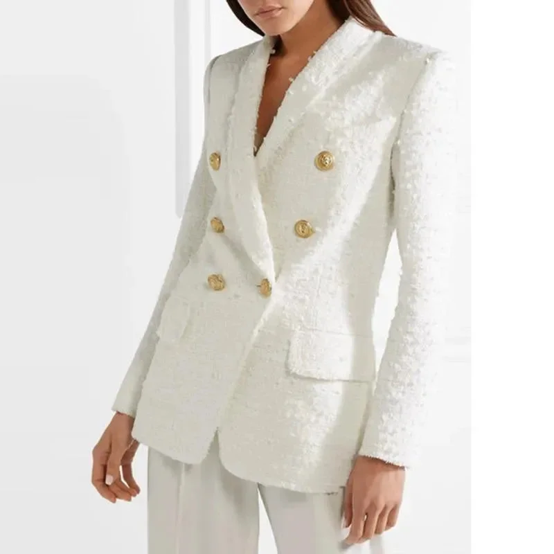 Women's Clothing Online Sale White Tweed Blazer Women - Casual - Plain-Solid