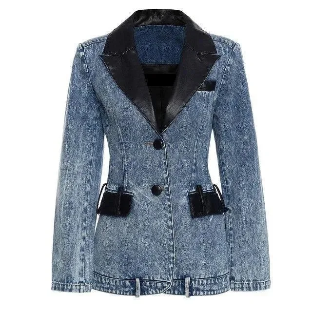 Trending Items Streetwear Leather Collar Denim Blazer Women - Casual - Plain-Solid