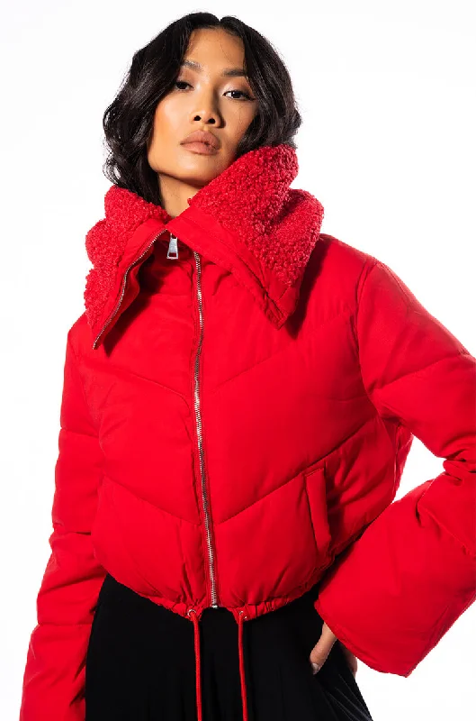 Relaxed Style AMANDA CROP PUFFER WITH SHERPA COLLAR