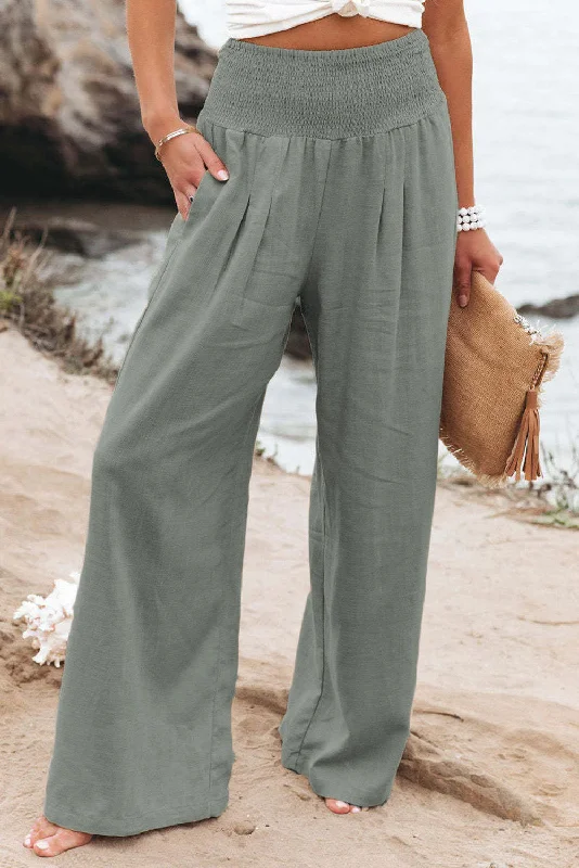 Athleisure Wear Loose Smocked High Waist Wide Leg Trousers