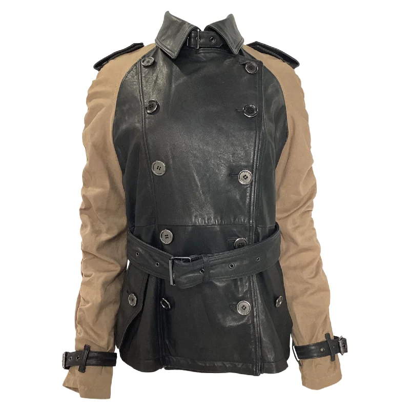 Hot Styles Burberry Brit Belted Double-Breasted Jacket in Black and Brown Lamb Leather